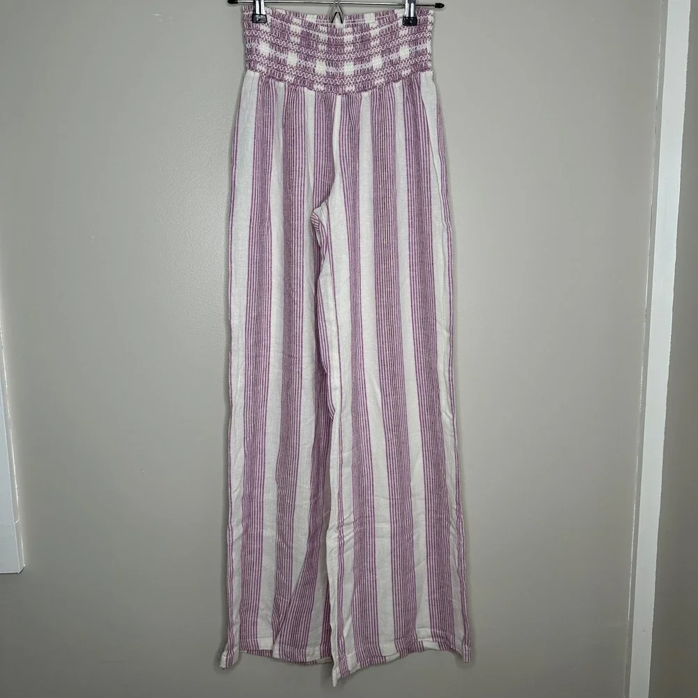 REWASH Women's Striped Smocked Waist Wide Leg High Rise Linen Blend Pants Size S